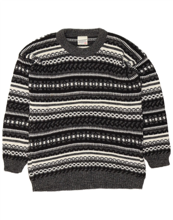 Vintage Herren-Pullover mit U-Boot-Ausschnitt, groß, Grau, Fair Isle