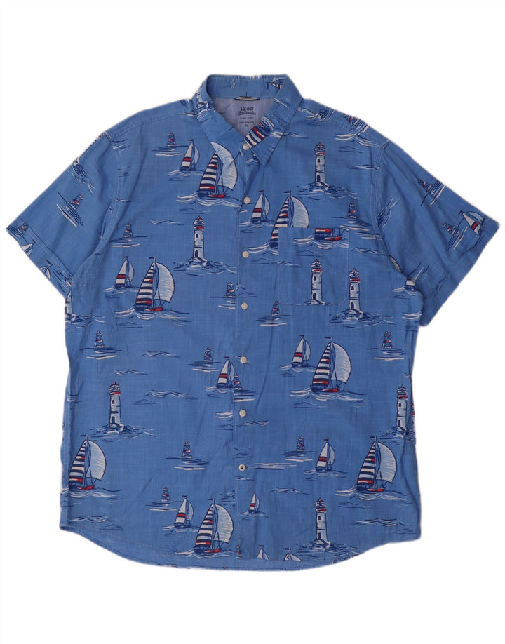 IZOD Herren Salzwasser-Kurzarmhemd XL Blau Baumwolle Hawaiianisch