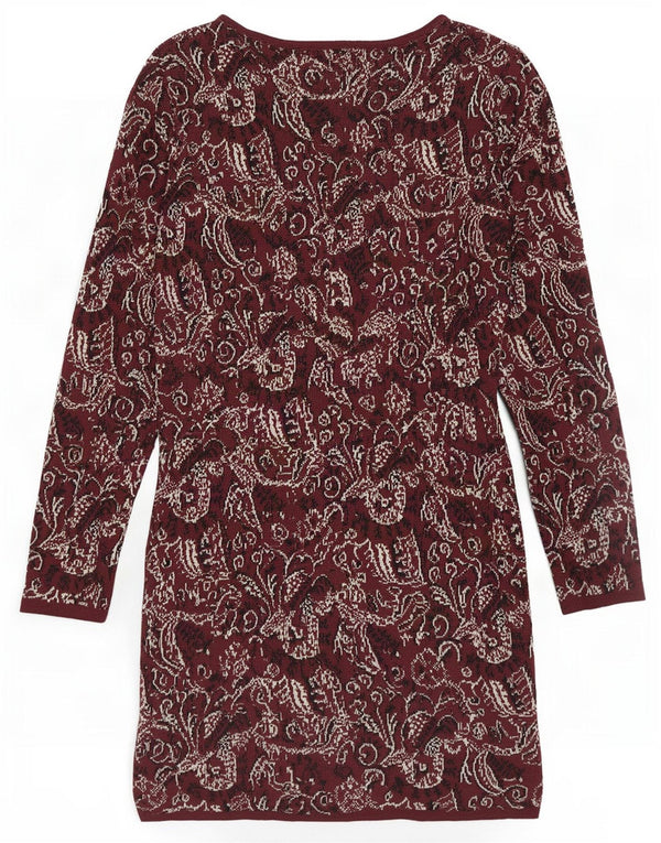 Topshop Langarm-Pulloverkleid für Damen, UK 12, mittleres Burgunderrot mit Blumenmuster