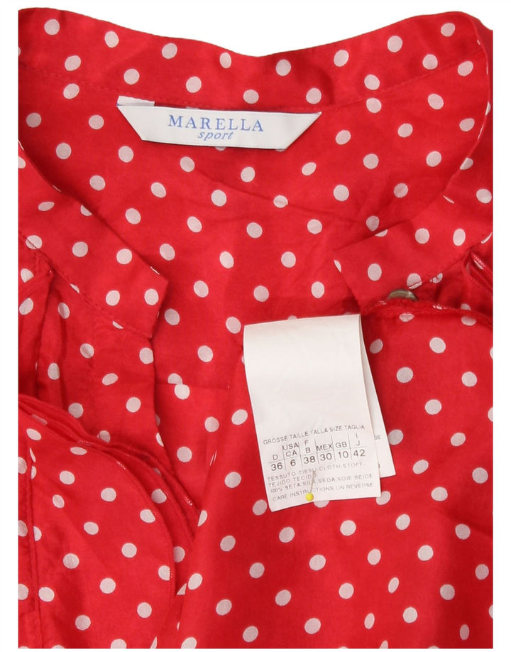 Marella Damen-Hemdbluse mit Rüschen vorne, UK 10, kleine rote gepunktete Seide
