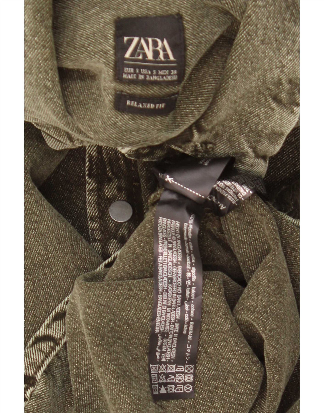 Zara Herren Jeanshemd im Used-Look, entspannte Passform, kleine Khaki-Baumwolle