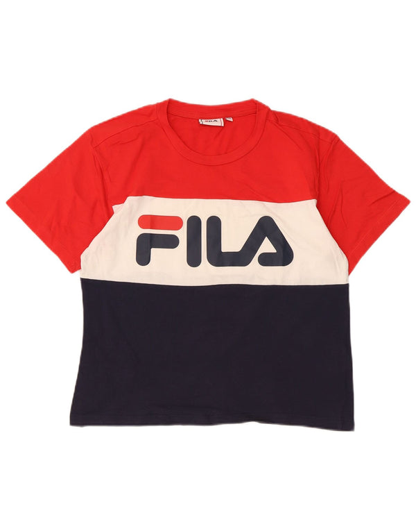 Fila Damen Grafik-T-Shirt-Oberteil UK 6 XS Rote Colourblock-Baumwolle