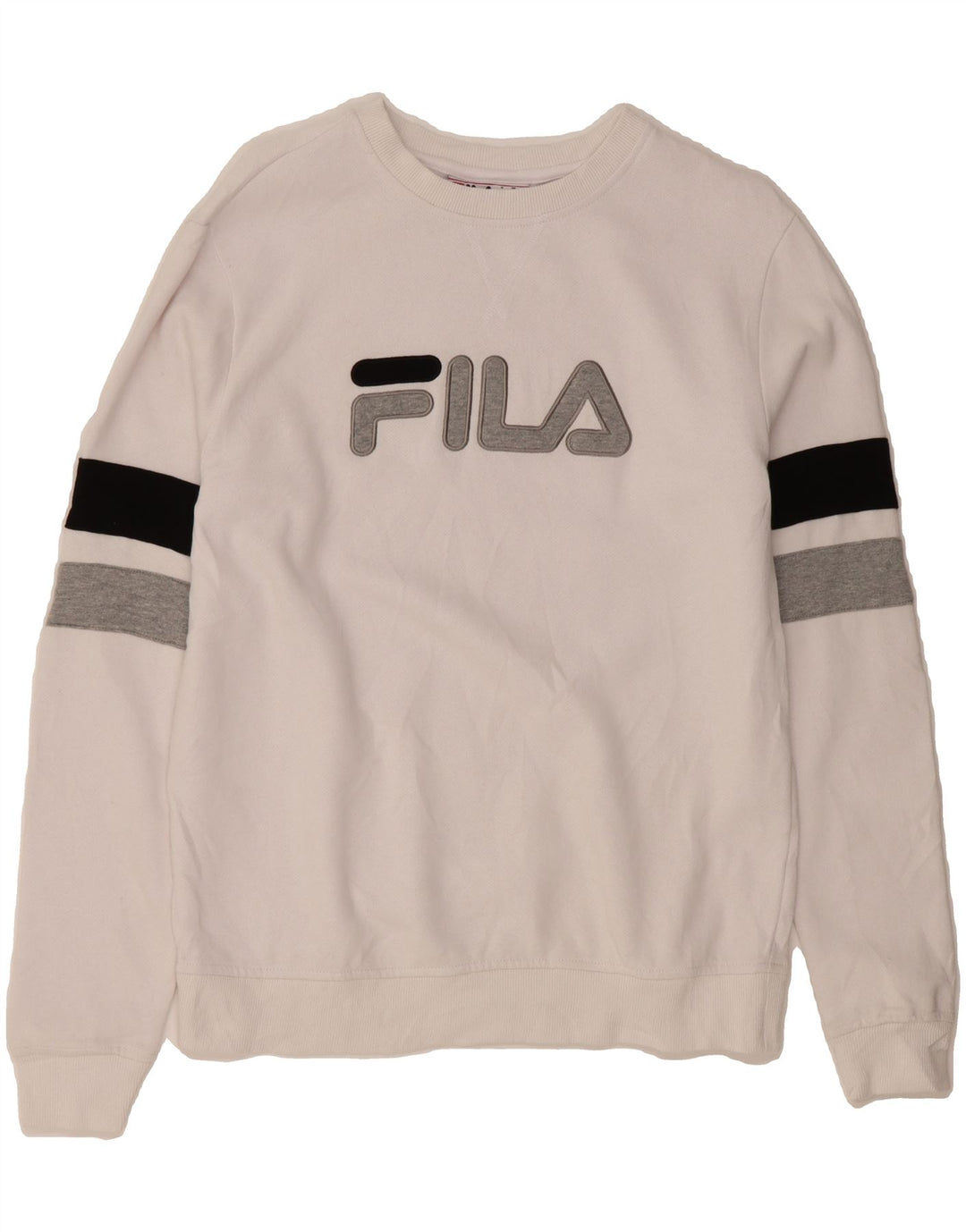 FILA Womens Graphic Sweatshirt Jumper UK 14 Medium White Colourblock Vintage Fila and Second-Hand Fila from Messina Hembry 