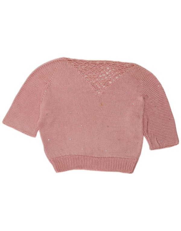 Vintage Damen Crop U-Boot-Ausschnitt Pullover UK 14 Mittelrosa gefleckt