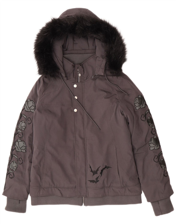 Disney Damen-Bomberjacke mit Kapuze, Größe 46, Größe L, grau, geblümt, Polyester