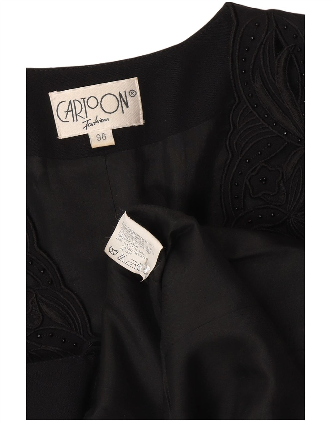 Cartoon Damen 9-Knopf-Blazerjacke EU 36 Kleine schwarze Viskose mit Blumenmuster
