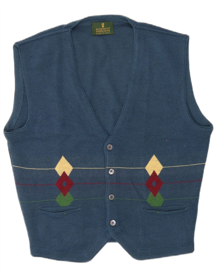 Vintage Herren Ärmelloser Cardigan Pullover IT 50 Mittelblau Geometrisch