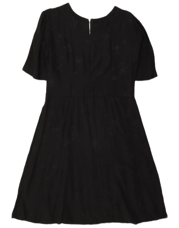 Vintage Womens Short Sleeves A-Line Dress UK 12 Medium Black Floral