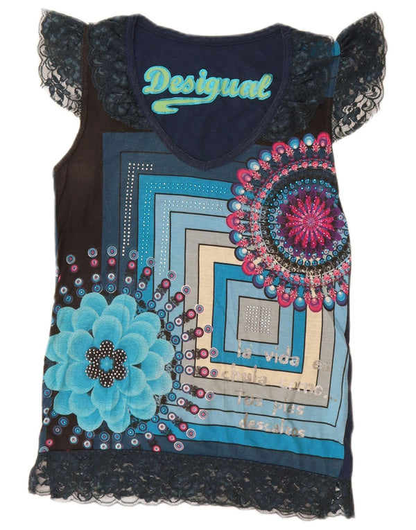 Desigual Womens Graphic T-Shirt Top UK 6 XS Marineblaue geometrische Viskose