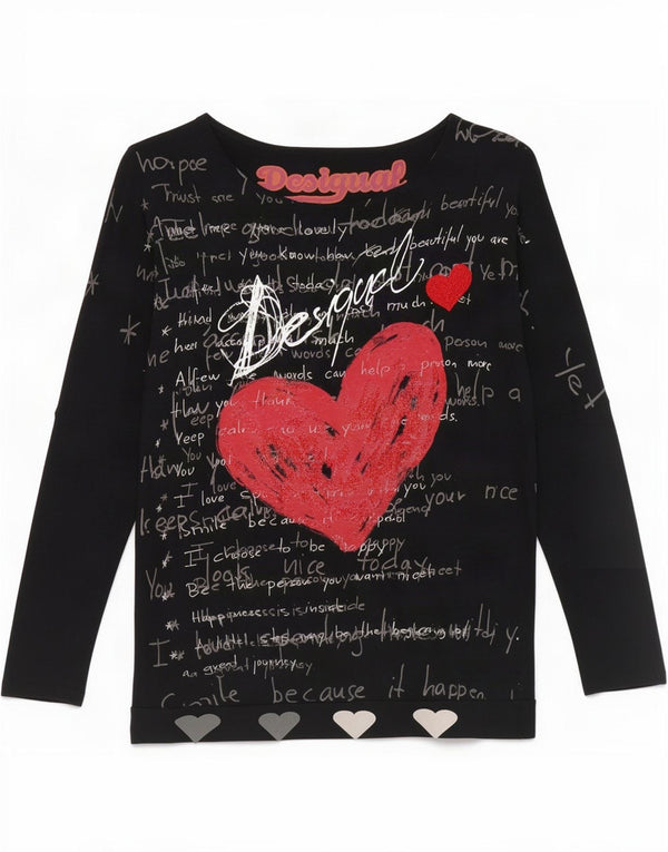 Desigual Damen-Oversize-Grafikoberteil mit 3/4-Ärmeln, UK-Größe 14, mittelschwarze Viskose