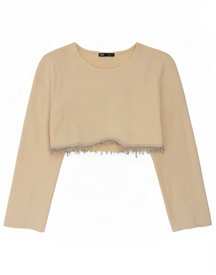 Zara Damen Crop Top Langarm UK 10 Small Beige