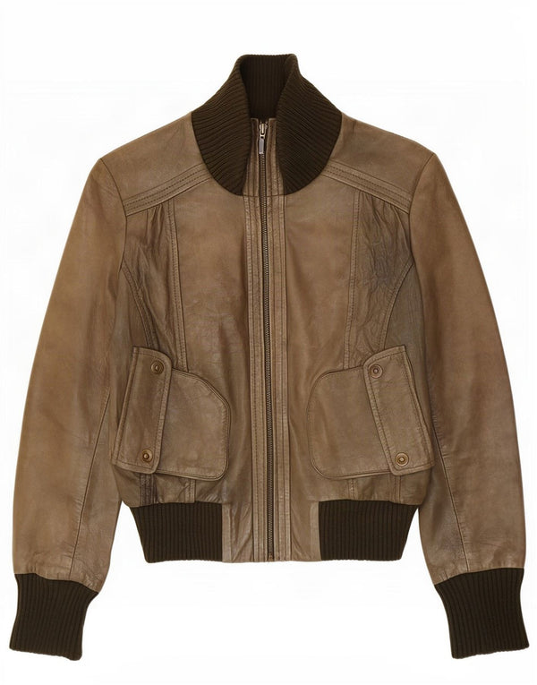 Oasis Damen Lederjacke UK 14 Medium Khaki Colourblock
