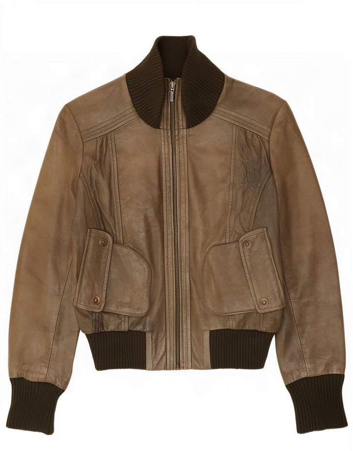 Oasis Damen Lederjacke UK 14 Medium Khaki Colourblock