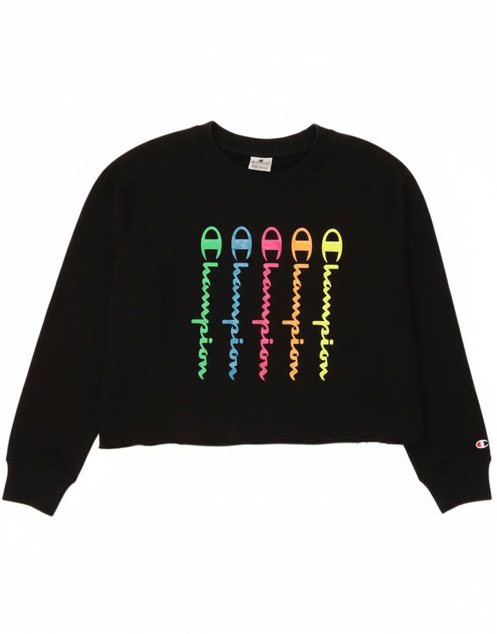 Champion Damen Crop Graphic Sweatshirt Pullover UK 14 Medium Schwarz