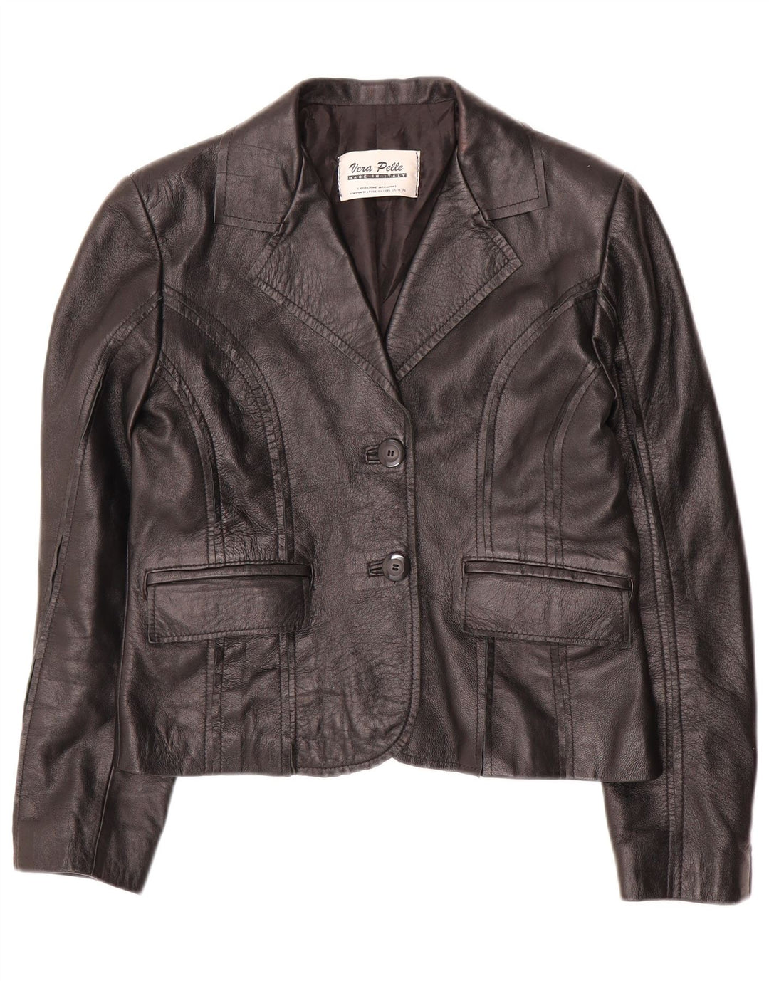 VINTAGE Damen Crop 2-Knopf-Blazerjacke IT 42 Mittelschwarzes Leder