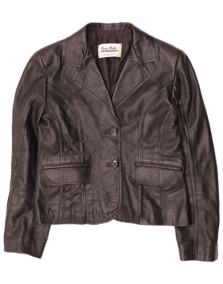 VINTAGE Damen Crop 2-Knopf-Blazerjacke IT 42 Mittelschwarzes Leder