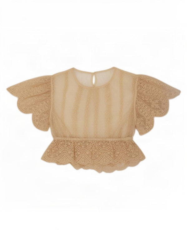Zara Damen Crop Lace Bluse Top UK 16 Large Beige Floral Polyester