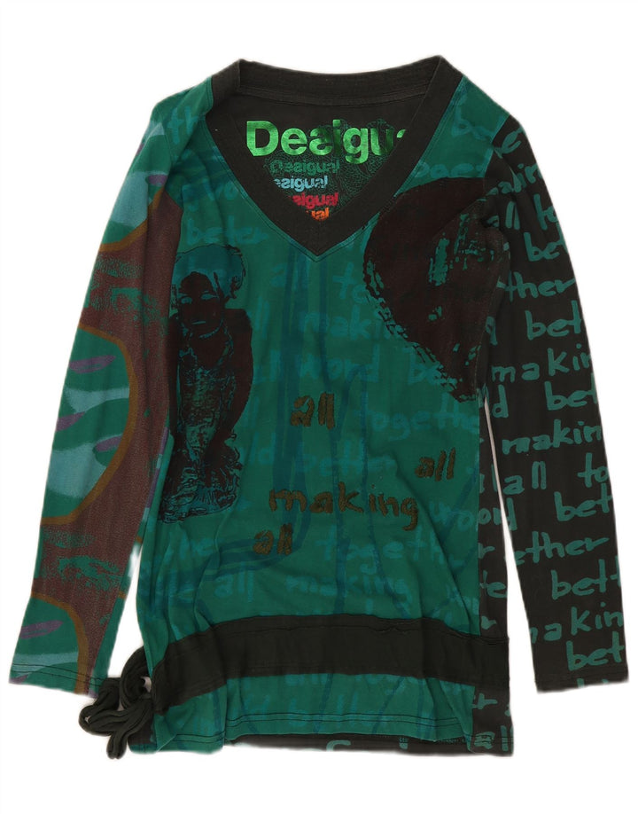Desigual Damen-Tunika-Oberteil mit abstraktem Muster, UK-Größe 14, mittelgrüne Baumwolle