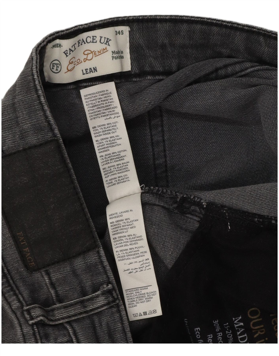 Fat Face Herren Slim Jeans W34 L30 Graue Baumwolle