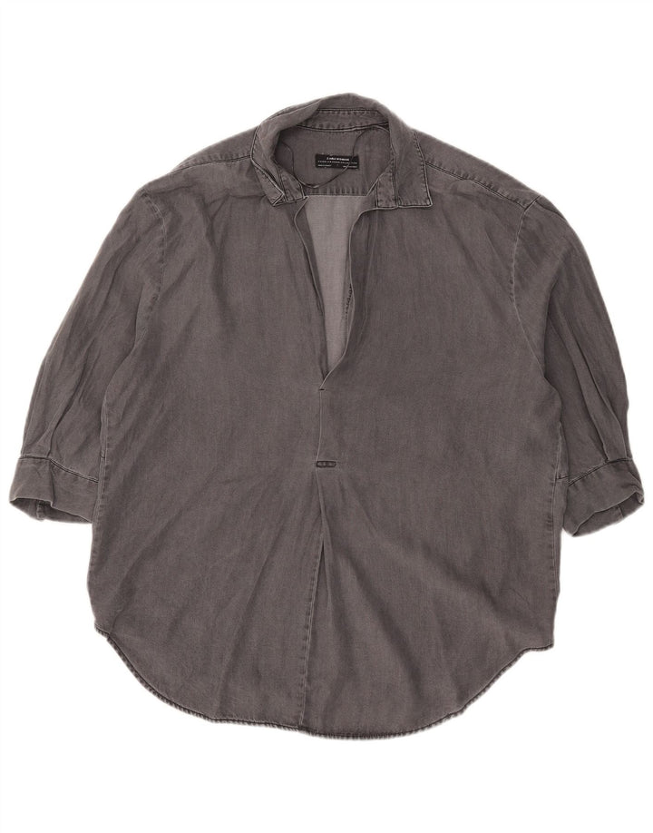 Zara Damen 3/4-Ärmel-Übergroßes Pullover-Hemd UK 14 Mittelgraues Lyocell