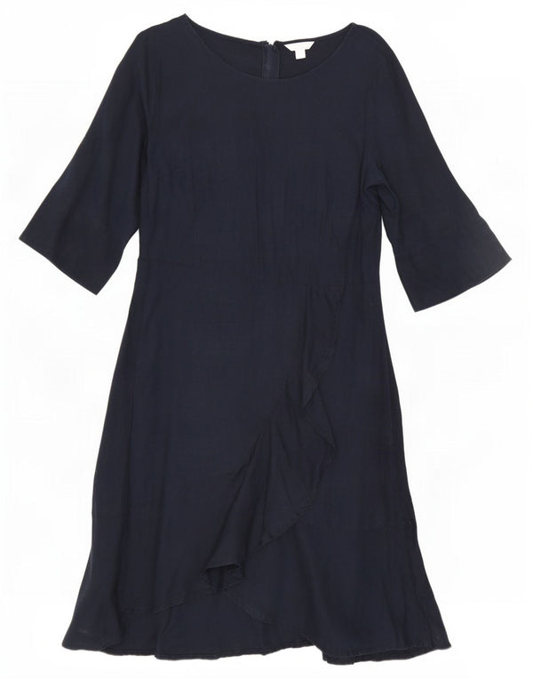 Monsoon Asymmetrisches Damenkleid mit 3/4-Ärmeln, UK-Größe 40, Größe L, Marineblau, Leinen