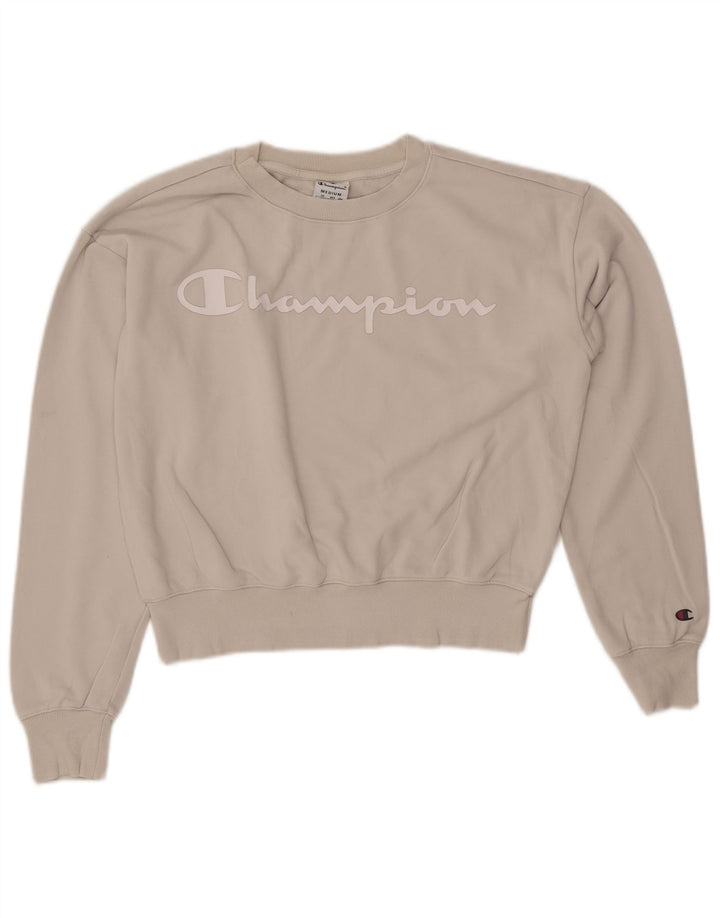 CHAMPION Damen Crop Graphic Sweatshirt Pullover UK 14 Medium Beige