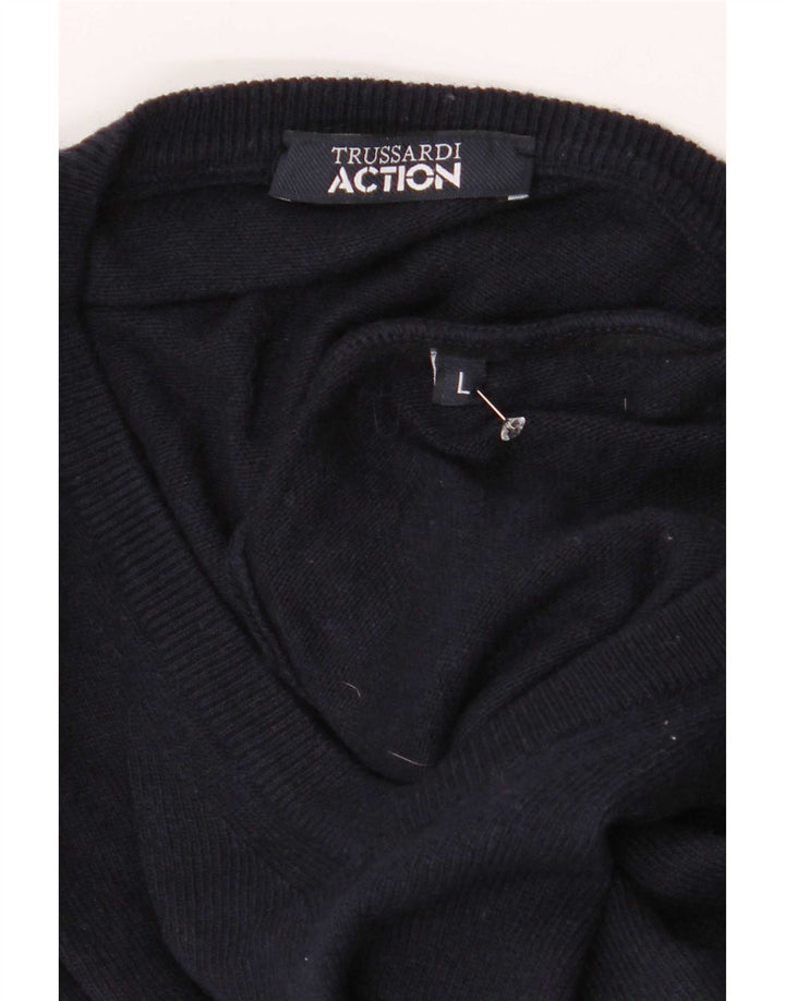 Trussardi Herren-Pullover mit V-Ausschnitt, groß, marineblaues Polyester