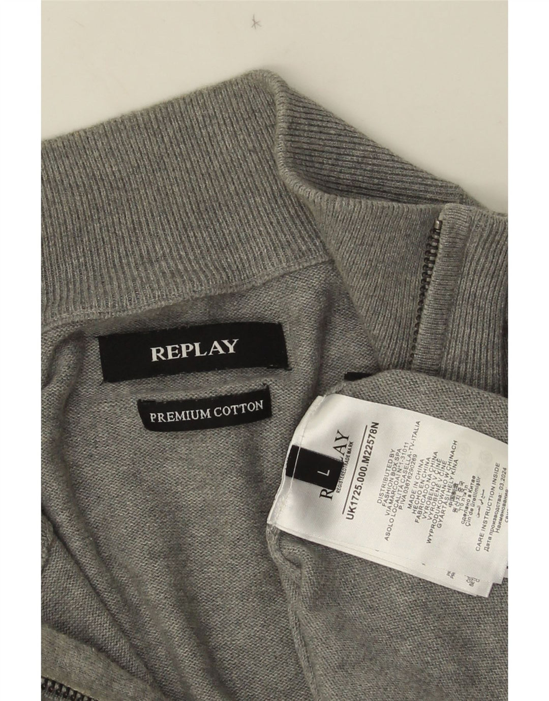 Replay Herren-Pullover mit Reißverschluss am Hals, große graue Baumwolle