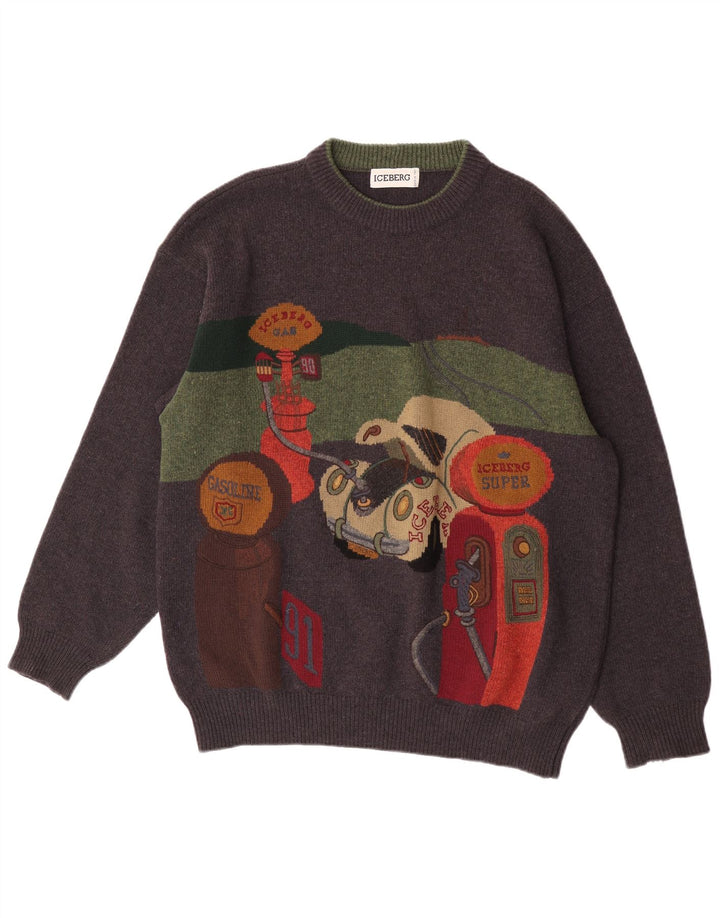 Iceberg Herren-Pullover mit grafischem Rundhalsausschnitt, XL, graue Wolle, Retro-Stil