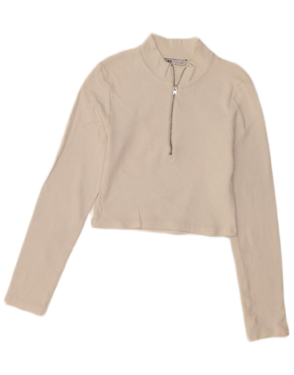 Zara Damen Crop Zip Neck Top Langarm UK 14 Large Weiße Baumwolle