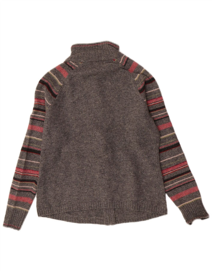 Eddie Bauer Damen-Cardigan-Pullover UK 12 Mittelgrau gestreifte Lammwolle