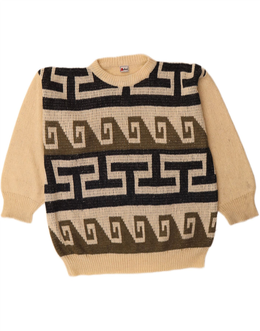 VINTAGE Mens Crew Neck Jumper Sweater Large Beige Geometric Vintage Vintage and Second-Hand Vintage from Messina Hembry 