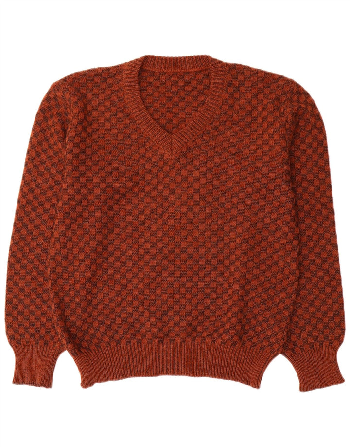 Vintage Herren Pullover mit V-Ausschnitt, klein, braun, geometrisch