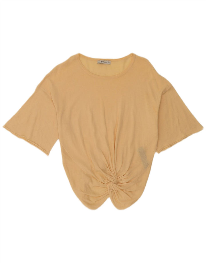 Zara Damen-Blusenoberteil mit 3/4-Ärmeln, UK-Größe 44, mittelbeige Baumwolle