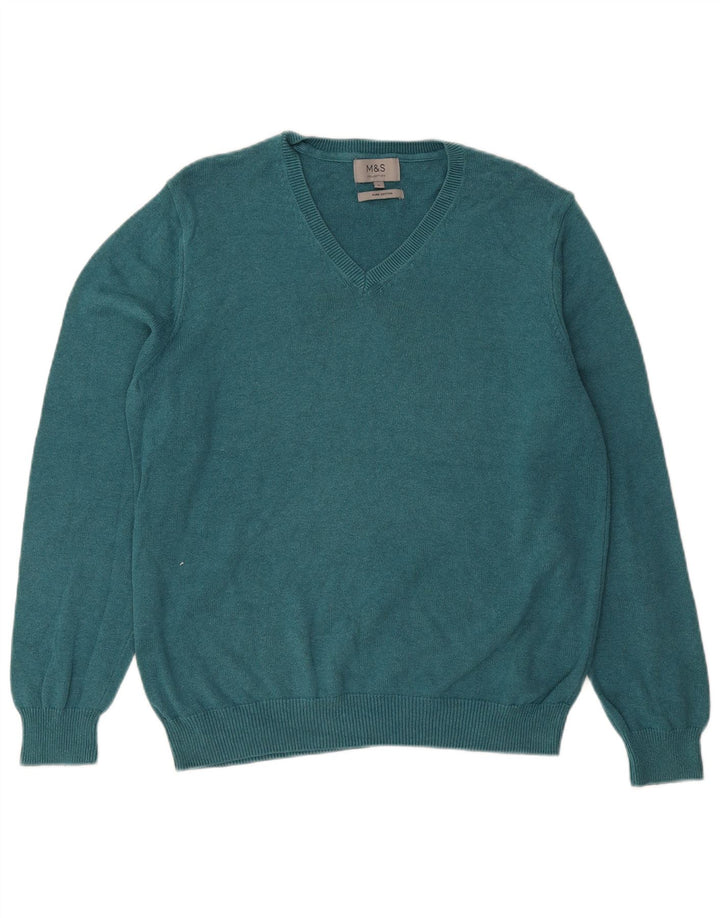 Marks & SPENCER Herren-Pullover mit V-Ausschnitt, groß, aus blauer Baumwolle