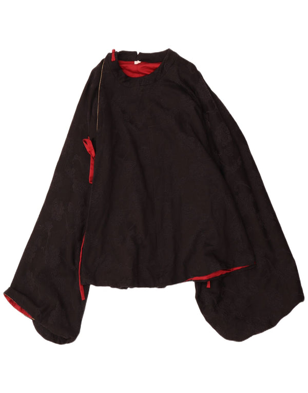 Vintage Damen Langarm-Poncho-Bluse Top UK 12 Mittelschwarz geblümt