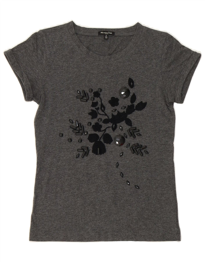 MASSIMO DUTTI Womens Graphic T-Shirt Top UK 8 Small Grey Cotton Vintage Massimo Dutti and Second-Hand Massimo Dutti from Messina Hembry 
