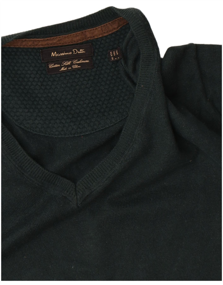Massimo Dutti Herren-Pullover mit V-Ausschnitt, Größe S, grüne Baumwolle
