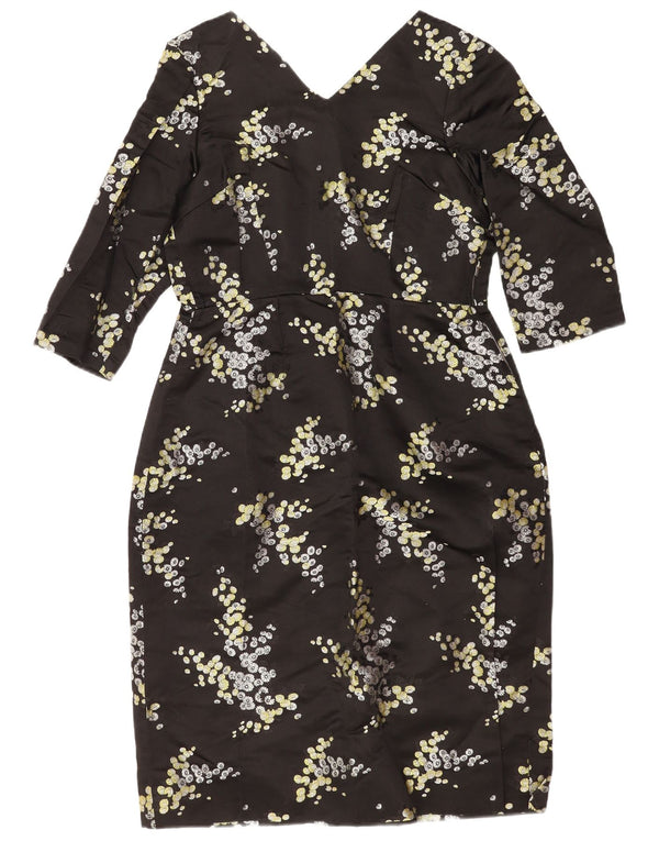Vintage Damen 3/4-Ärmel-Etuikleid UK 14 Mittelschwarz geblümt