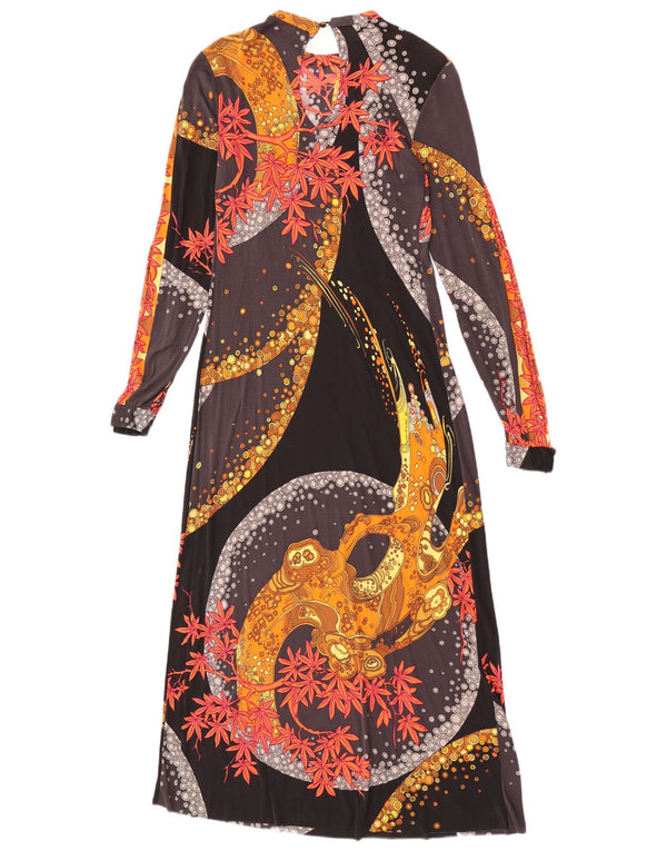 Vintage Damen Maxikleid mit langen Ärmeln und Grafik, Gr. 8, klein, schwarz, geblümt