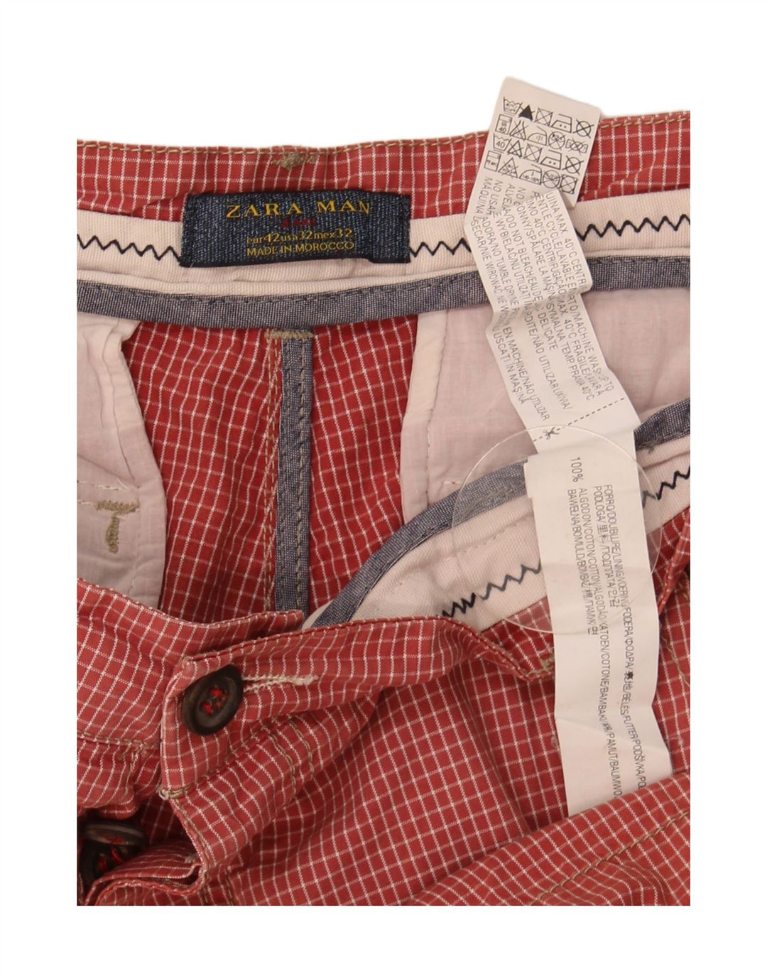 Zara Herren Chinoshorts EU 42 Large W32 Rot karierte Baumwolle
