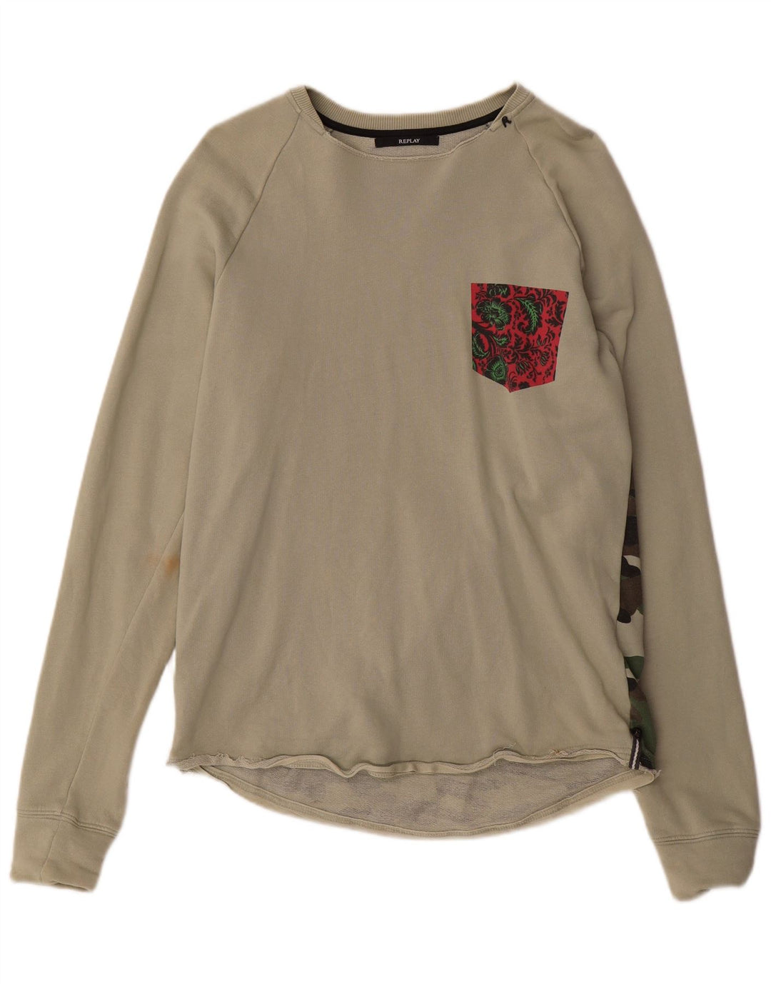 Replay Herren-Sweatshirt mit grafischem Muster, mittlere Khaki-Tarnung, Baumwolle