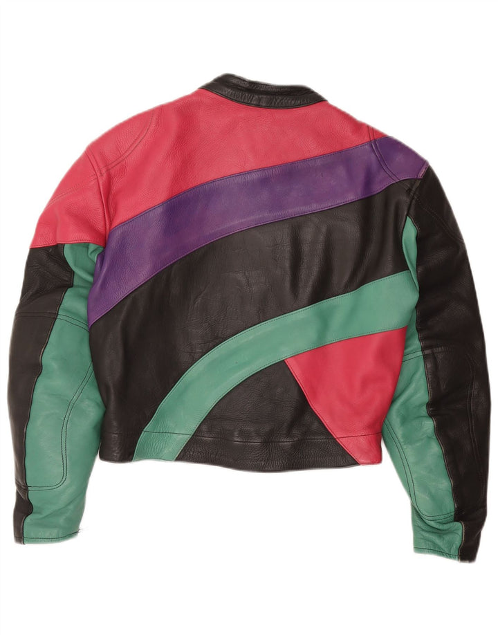 ROLEFF Damen Crop Jacke UK 14 Großes schwarzes Colourblock-Leder-Motorrad