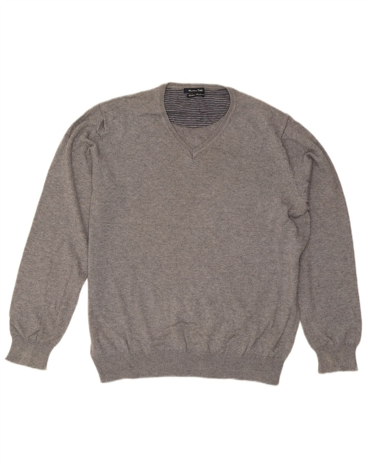 Massimo Dutti Herren-Pullover mit V-Ausschnitt, groß, graue Baumwolle