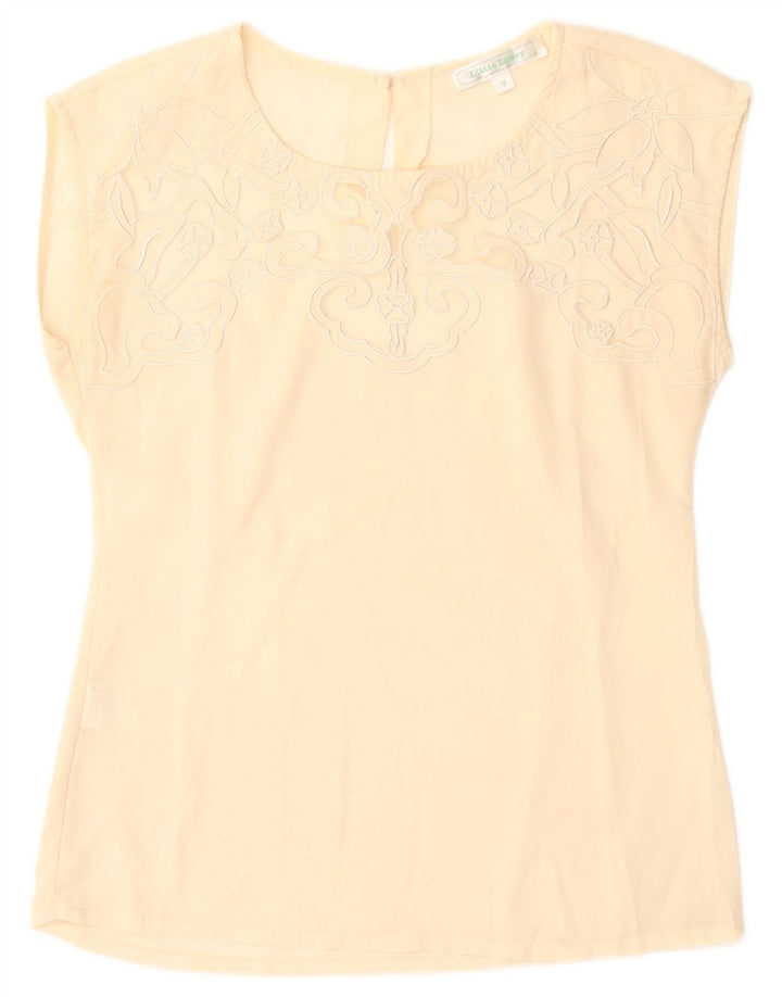 Vintage Damen Bluse Top UK 12 Medium Beige Floral Polyester