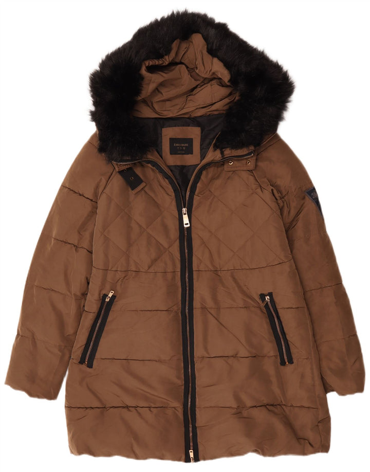 Zara Damen Kapuzenmantel, gepolstert, UK 16, Größe L, braun, Polyester