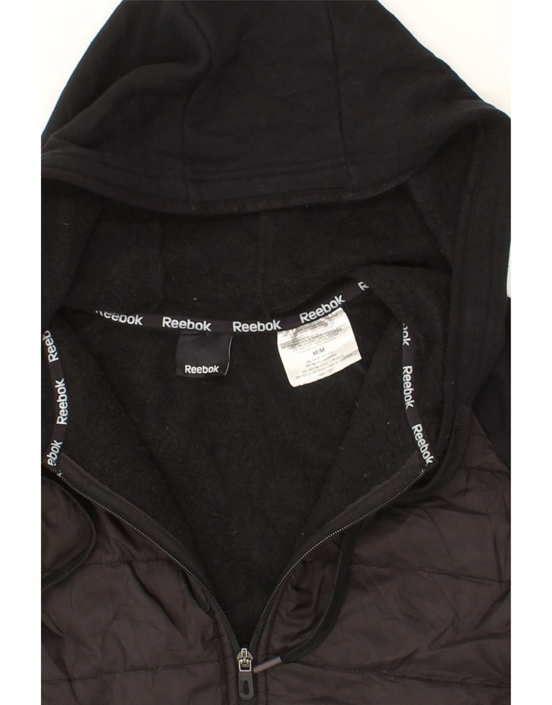 REEBOK Mens Hooded Bomber Jacket UK 38 Medium Black Colourblock Cotton Vintage Reebok and Second-Hand Reebok from Messina Hembry 
