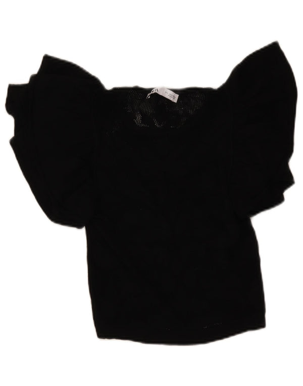 Zara Damen Crop Knit Bluse Top UK 8 Small Schwarz