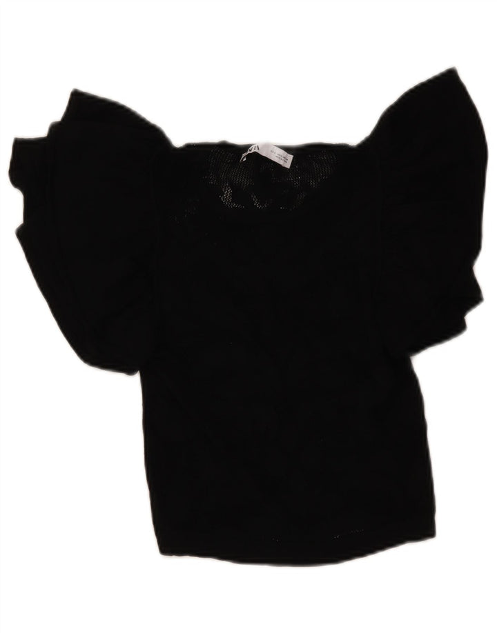 Zara Damen Crop Knit Bluse Top UK 8 Small Schwarz