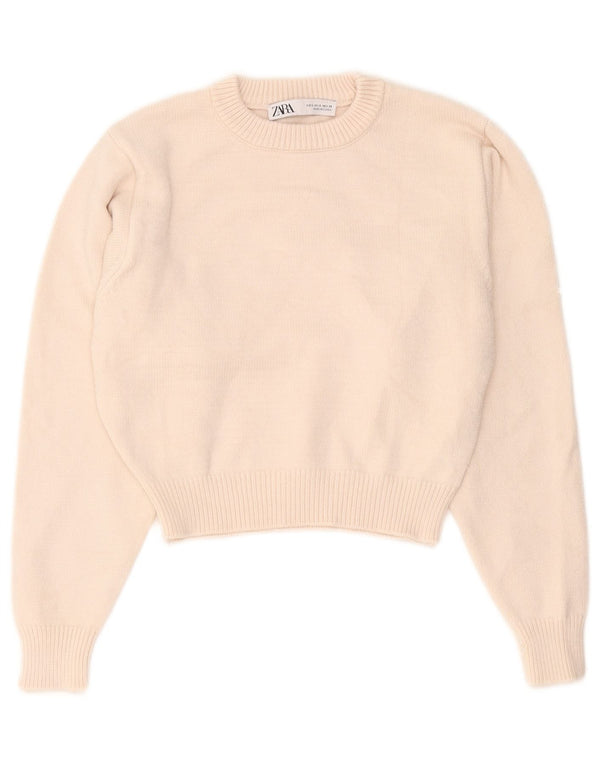 Zara Damen Crop Crew Neck Pullover Pullover UK 10 Small Beige Viskose